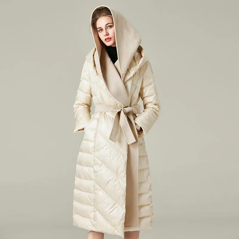 Piumini lunghi con cappuccio Patchwork di lana donna elegante sottile caldo cappotto invernale cintura 2022 nuovo autunno femminile piumino parka soprabito