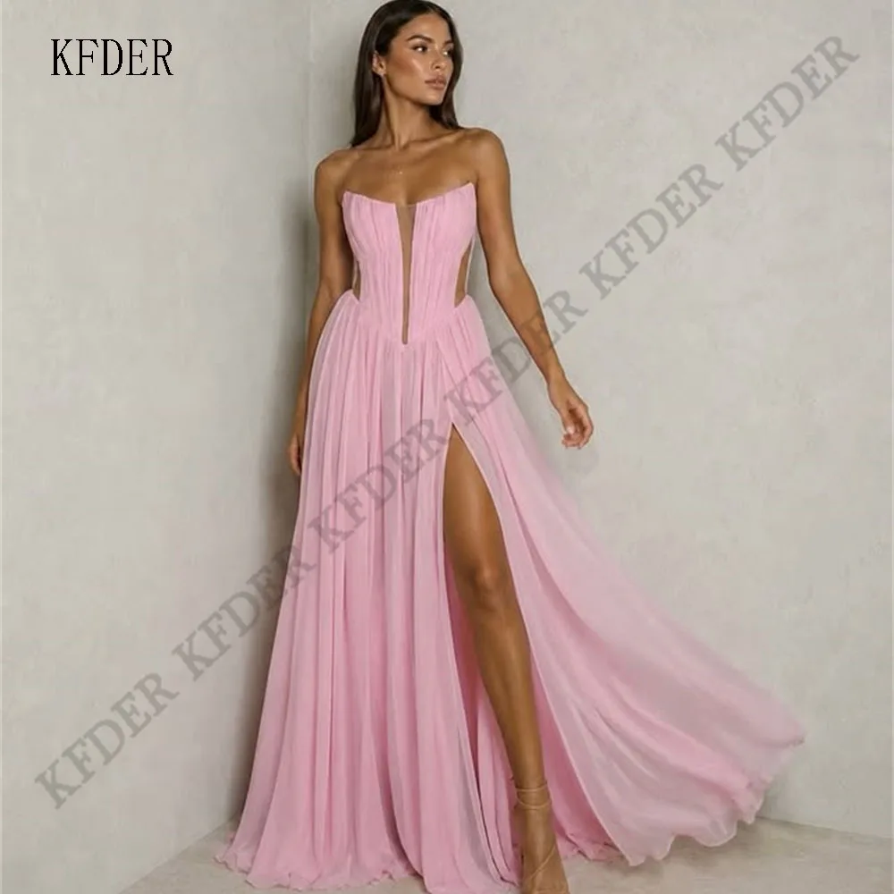 Vintage Pink Chiffon A Line Prom Dress Strapless Sleeveless Women's Evening Gowns High Slit Robes De Soirée Customized