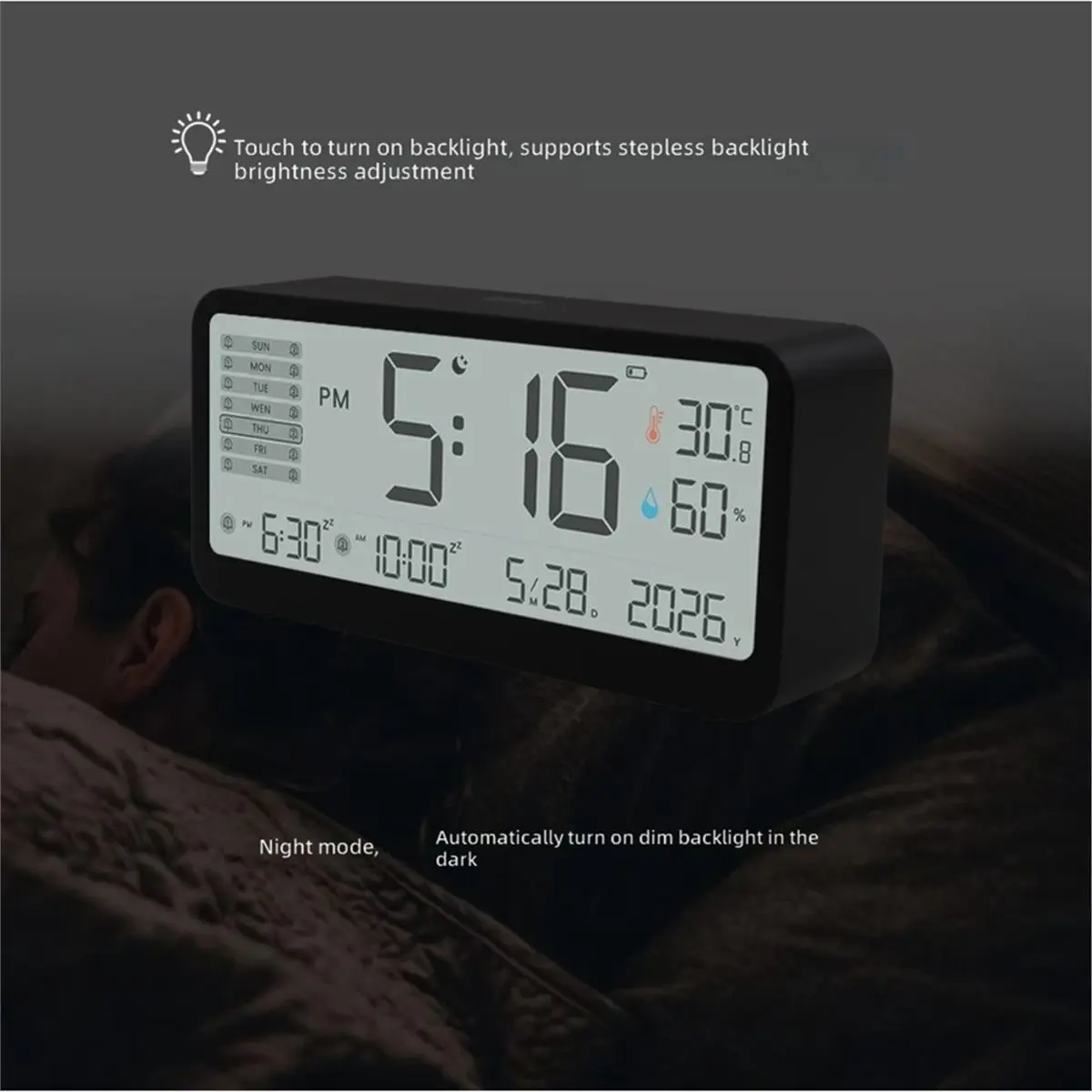 Digital Alarm Clock with Temperature Humidity Countdown LCD Calendar Weekday Display Dual Alarm for Home