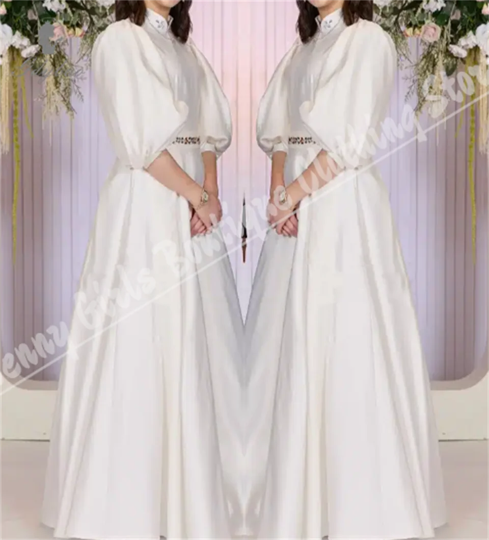 

Атласное вечернее платье с высоким воротом на заказ для молодых девушек с пышными рукавами, элегантное платье с цветочным узором для девочек на свадьбу и дни рождения