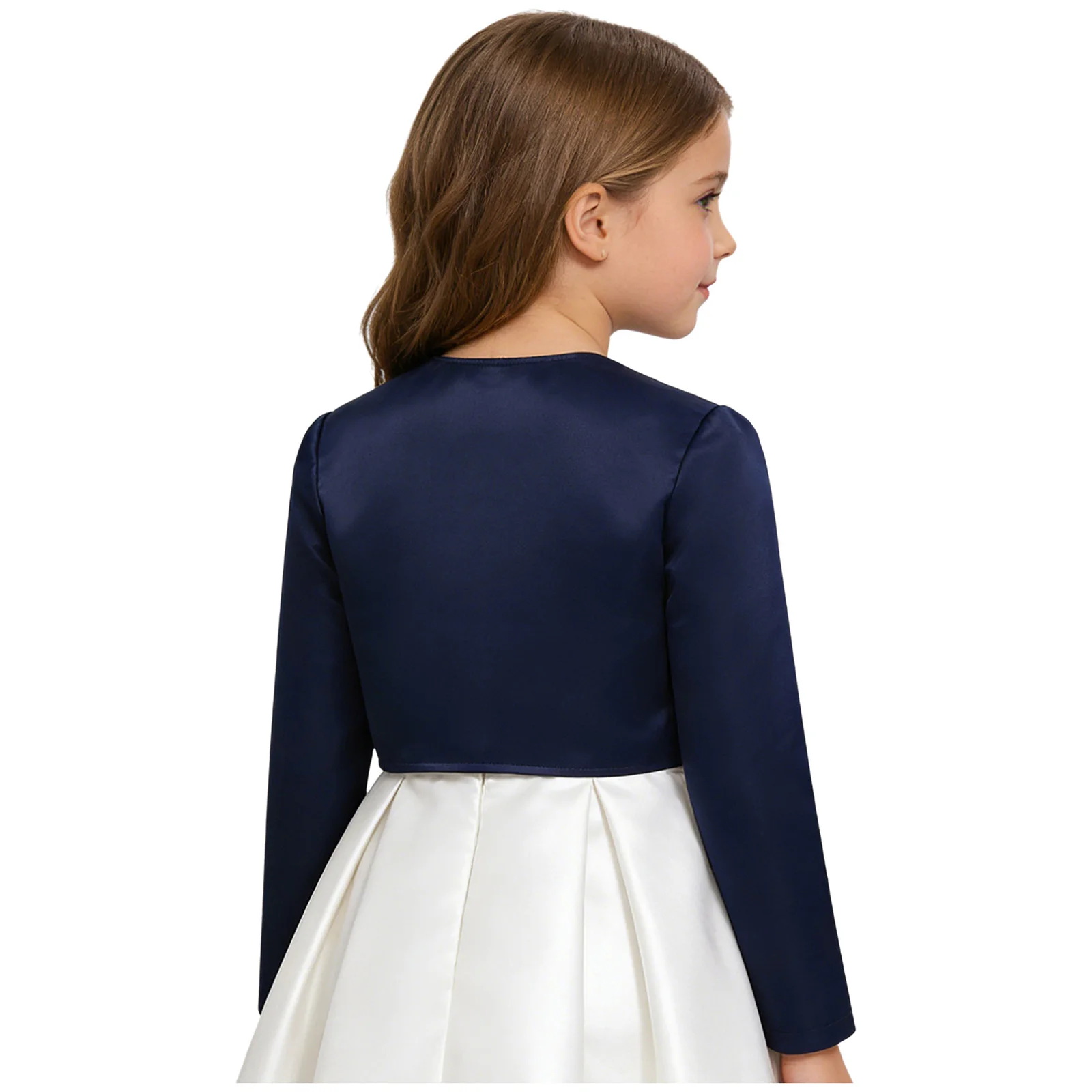 

Girl Elegant Party Cardigan Satin Bow Open Front Shrug Child Long Sleeve Bolero Jackets Crop Outerwear Wedding Pageant Gown Cape