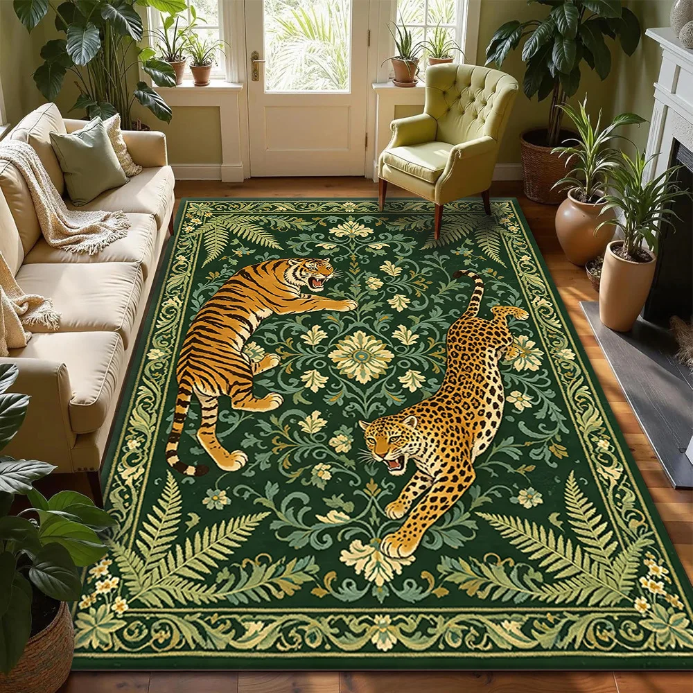 VIKAMA Blue Chinoiserie Walking Tiger Tropical Leaf Rug Soft Flannel Non Slip Washable Carpet for Living Room Bedroom Decor