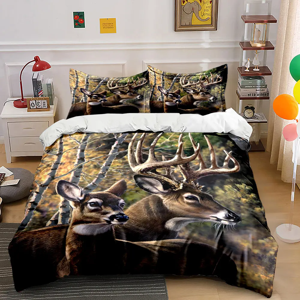 Male and female deer in autumn woods Bedding Set for Kids Luxury Gift 3pcs Digital Print Comforter Set Soft Comfortable