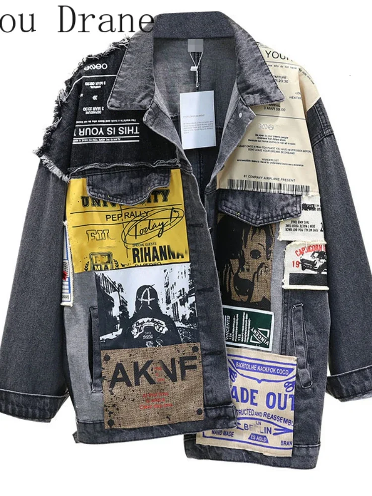 Vintage Full Sleeve Appliques Newspaper Pattern Large Size Black Denim Jacket Leisure Trend Coat  2022 Autumn New Jeans Jacket