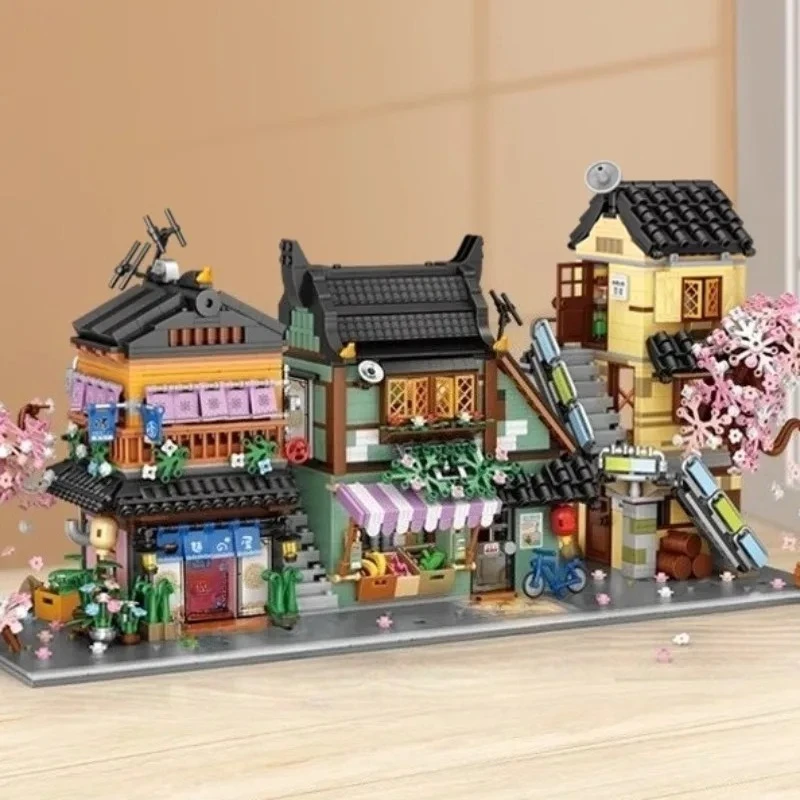 

MOC Japanese Fruit Store Noodle Shop Residential Building Blocks Set Cherry Blossom House Toy For Children Birthday Holiday Gift