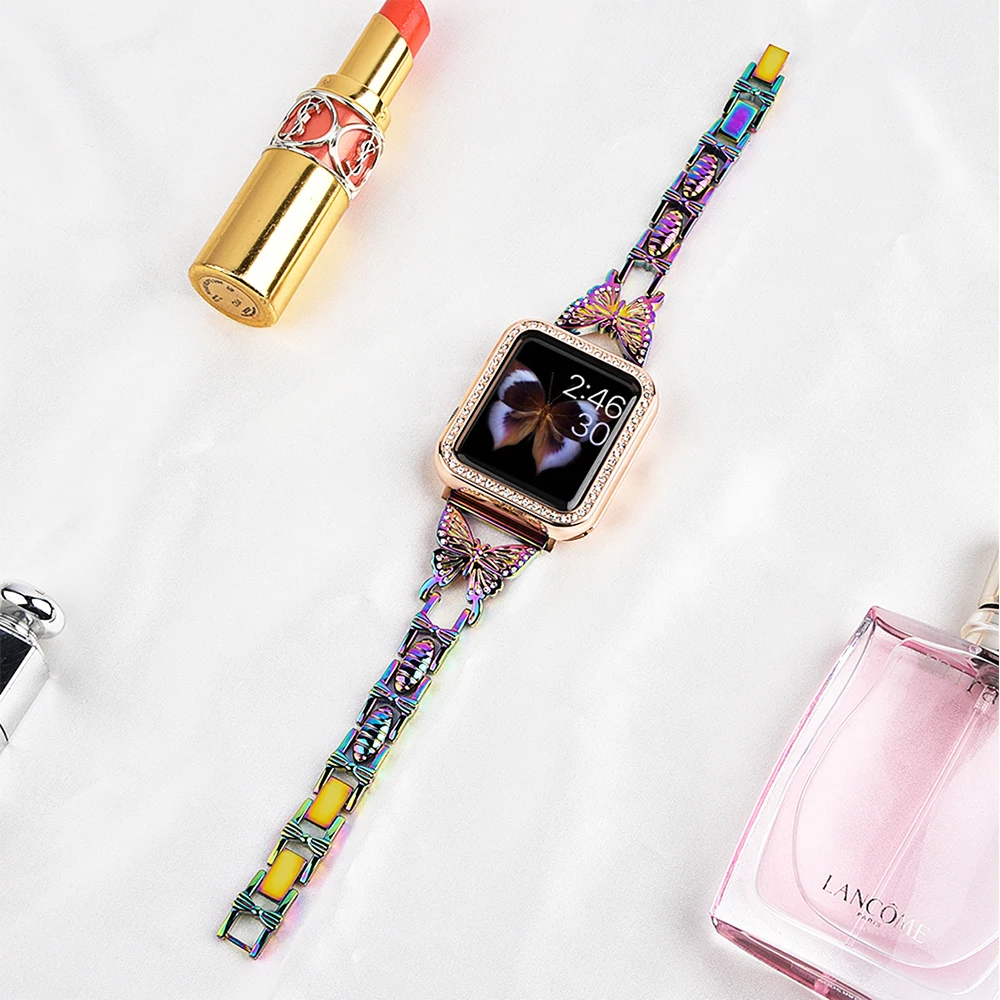 Women's Strap for Apple Watch 45mm 41mm 44mm 40mm Metal Chain Small Butterfly Stainless Steel Wristband for iWatch 8 7 6 5 4 3SE