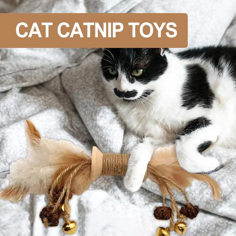 Cat Feather Chew Toy Cat Teething Chew Toys Wear-resistant Kitten Interactive Toy With Bell Wood Pet Toy Bite-Resistant Home Use