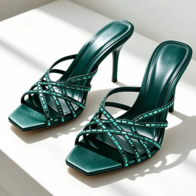 Shiny Crystal-Detail Heeled Sandals for Women Fashion Cross-Tied Stiletto Slippers Summer Sexy Open-Toe Designer Slip-On Sandals