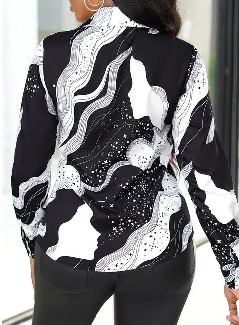 Women's Letter Print Button Front Shirt   Casual Long Sleeve Top For Spring   Fall