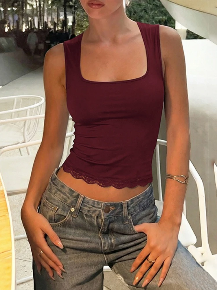 

FDYOUI Woman Clothes Y2K Lace Patchwork Tank Tops Female Fashion See-through Corset T-shirt Streetwear Girls Slim Cropped Top