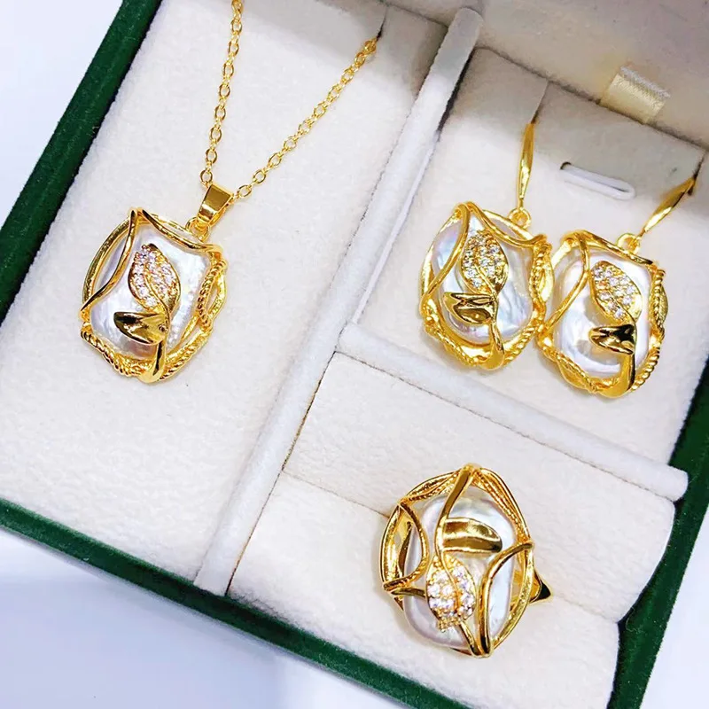 

Baroque Freshwater Pearl Earrings Ring Pendant Three-Piece Set Fashion Versatile Jewelry Pearl Set Wholesale
