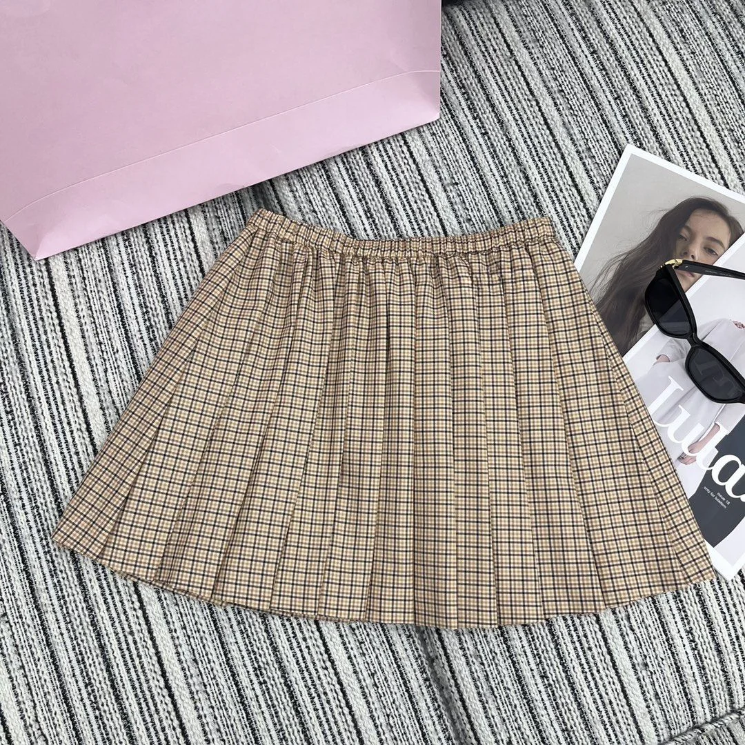 New Plaid Lapel Long Sleeve Shirt with Elastic Waist Folding Short Skirt 2024 Summer New Series 2