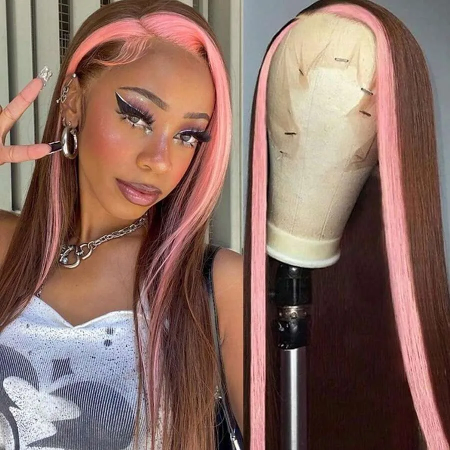 البني تسليط الضوء على الوردي 13x4 العظام مستقيم الدانتيل الجبهة الباروكات HD قبل قطعها غلويليس مقاومة للحرارة الاصطناعية الدانتيل شعر مستعار أمامي #2