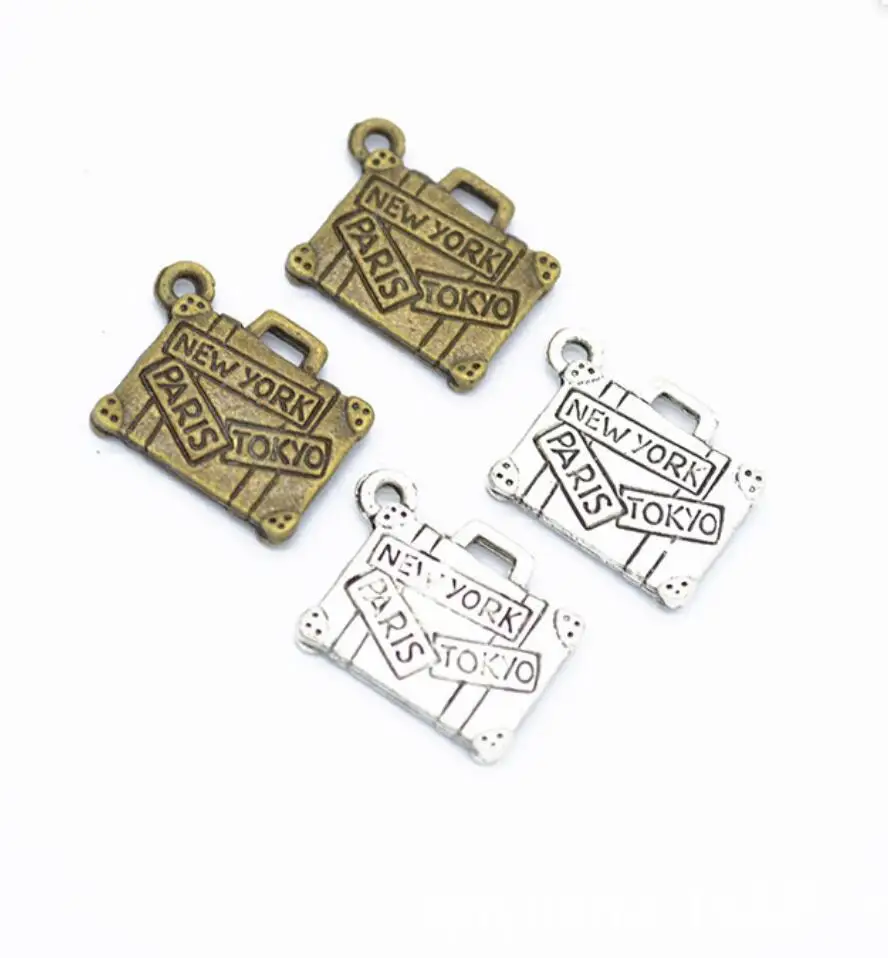 150pcs Charms Travel Bags New York Paris Tokyo 17x13mm Tibetan Silver Color Pendants Antique Jewelry Making DIY Handmade F0248