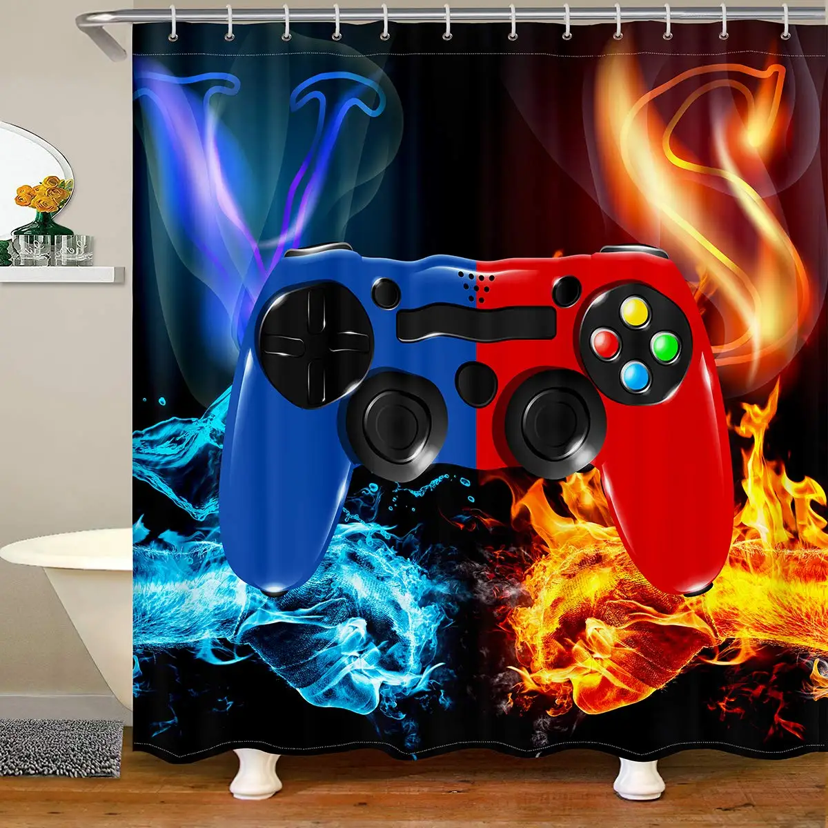 Gamer Shower Curtain for Boys Teens Kids Video Games Gaming Waterproof Shower Curtain Blue Red Fire Gamepad Bath Curtain Modern