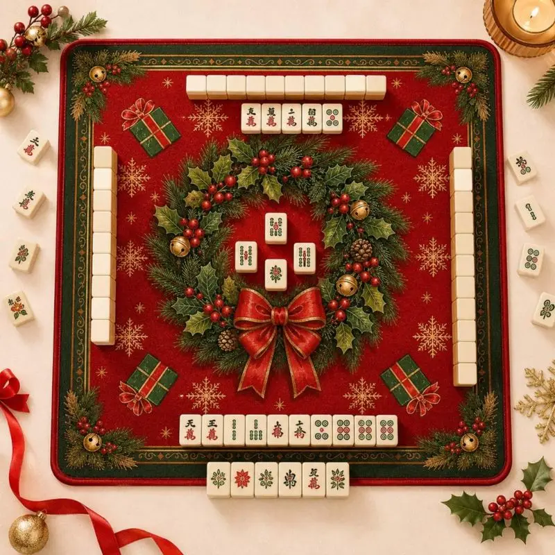 Square Mahjong Table Mat Christmas Wreath Gift Box Snowflake Bell Print Non‑Slip Silent Foldable Game Pad for Xmas Home Decor