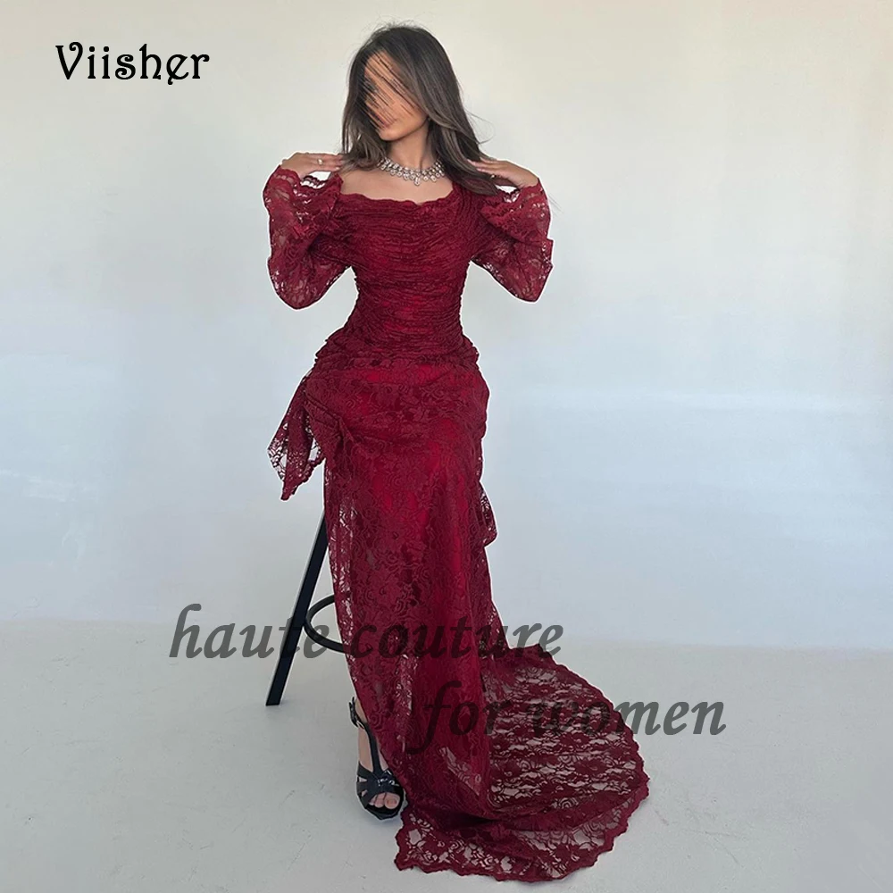 

Burgundy Lace Tulle Mermaid Evening Dresses 3/4 Sleeve Strapless Arabic Dubai Prom Party Dress with Slit Train Long Formal Gowns