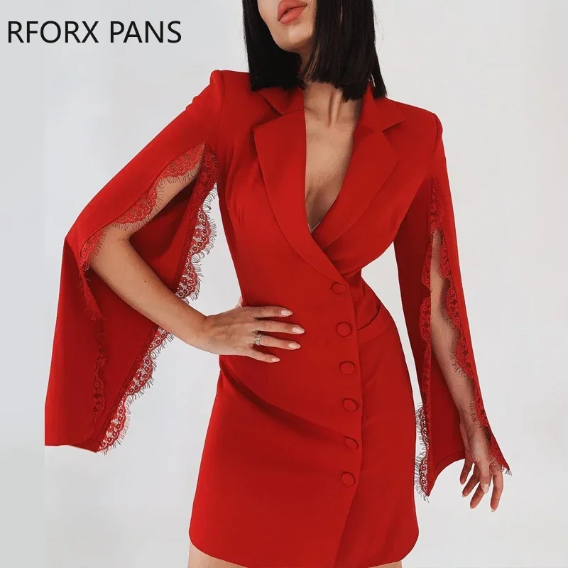 Women Solid Elegant Notched  Collar button Lace Herm Sleeves Sexy Bodycon Working Blazer Red Dress