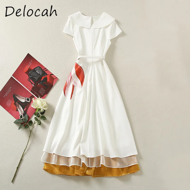 Deloach primavera/verão moda feminina gola três camadas de fio de apoio cor contrastante manga curta cinto vestido fino ajuste