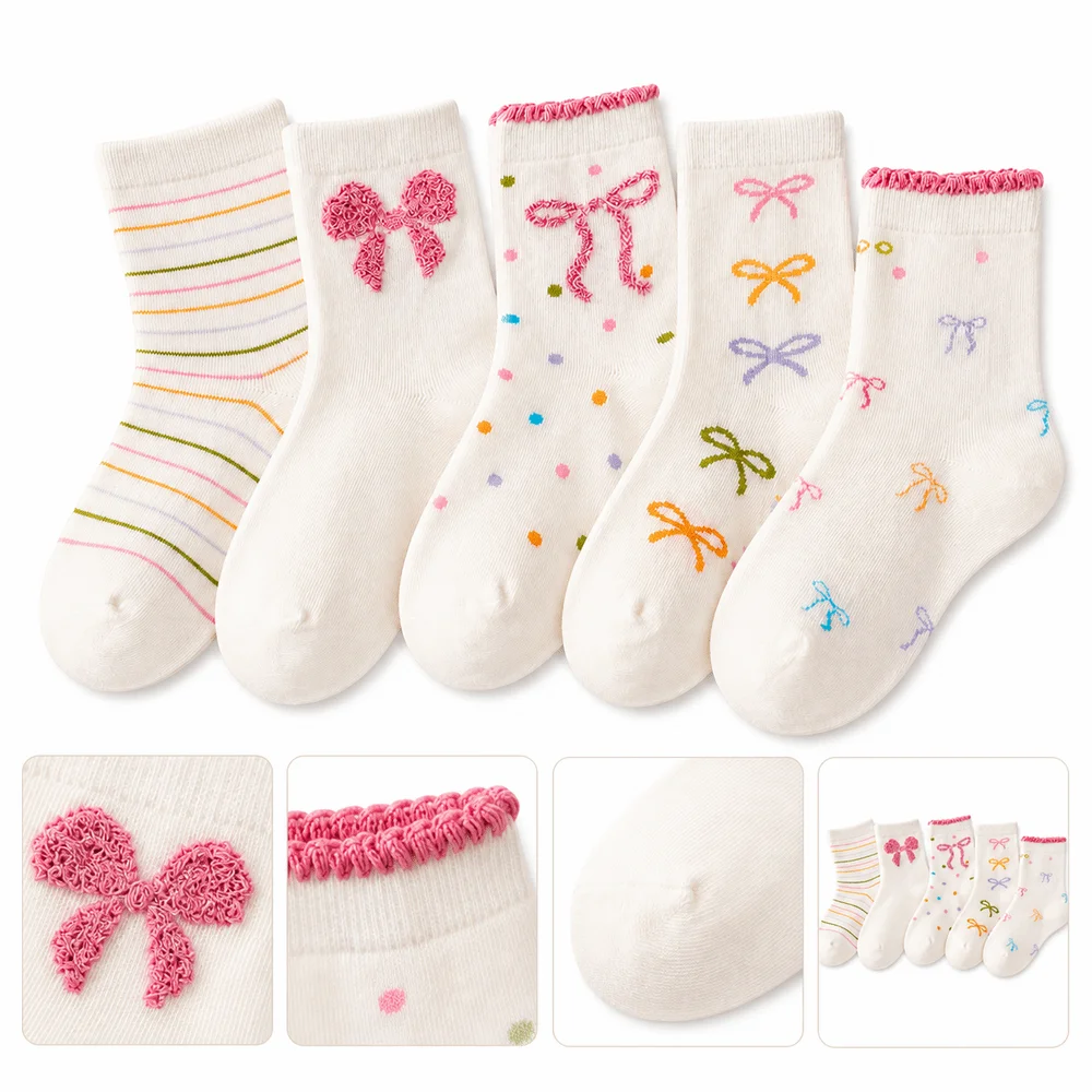 5 Pair Set Ruffle Bowknot Socks Cotton Soft Elastic Mid Tube Socks Print Pattern Breathable Children Sports Socks Daily Wear