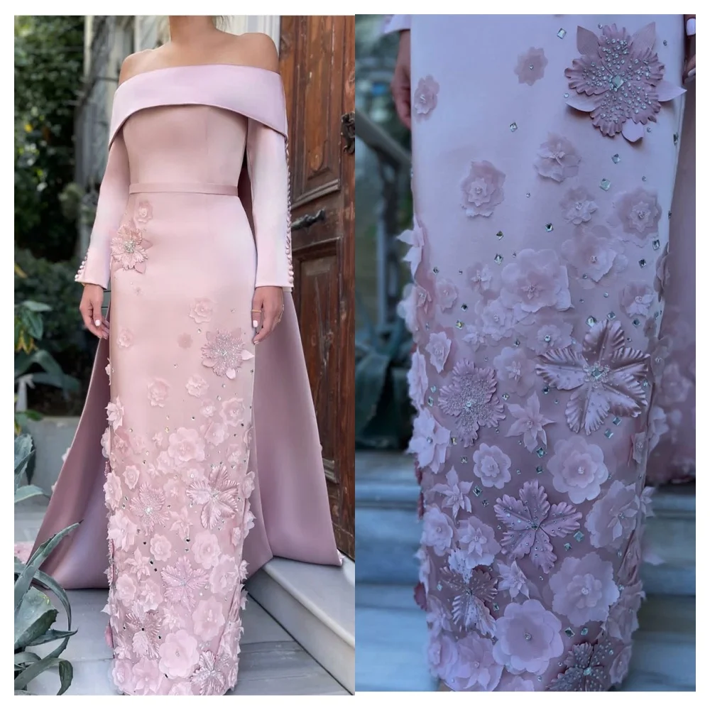 Abito da sera elegante in raso rosa personalizzato moderno scollo a barca con spalle scoperte maniche lunghe abito da festa abiti da celebrità di moda