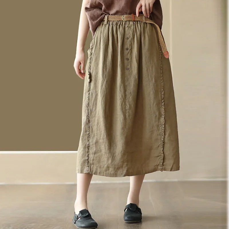 NINI WONDERLAND Summer Linen Casual Skirt 2023 Women Elastic Waist With Belt Edible Tree Fungus A-line Skirts Lady Loose Skirt