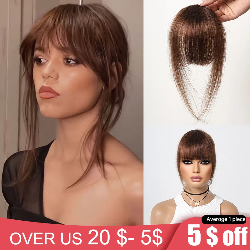 100% Human Hair Bangs OverHead Clip in Hair Extensions Brown Natural Hairs Wispy Bangs Fringe Hairpieces for Women in Air Bangs