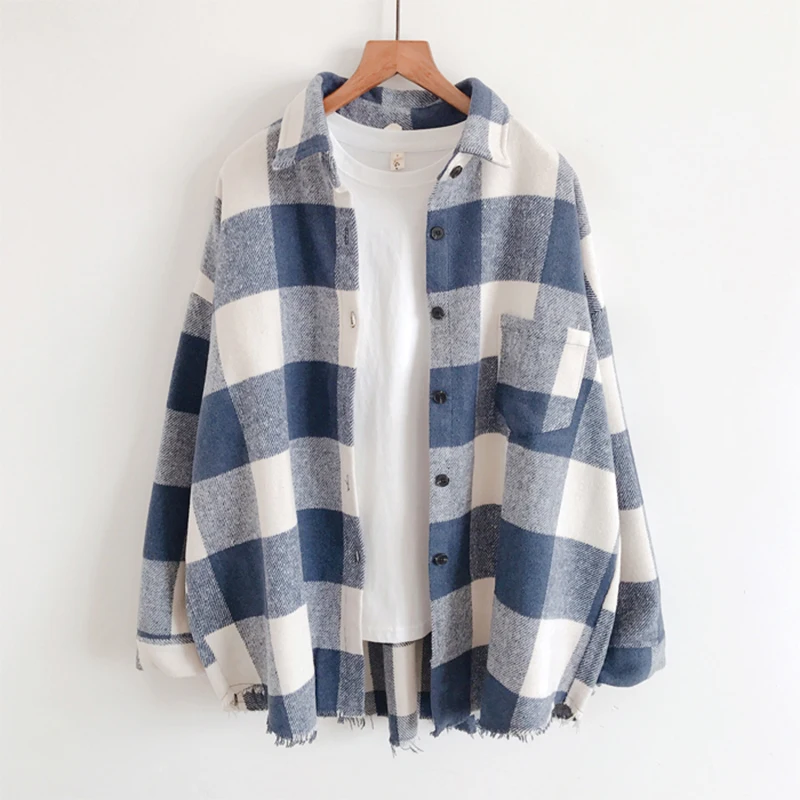 Wool Thicken Warm Women Plaid Shirts Loose Turn-Down Collar Long-Sleeved Casual All Match Female Outwear Coats Tops