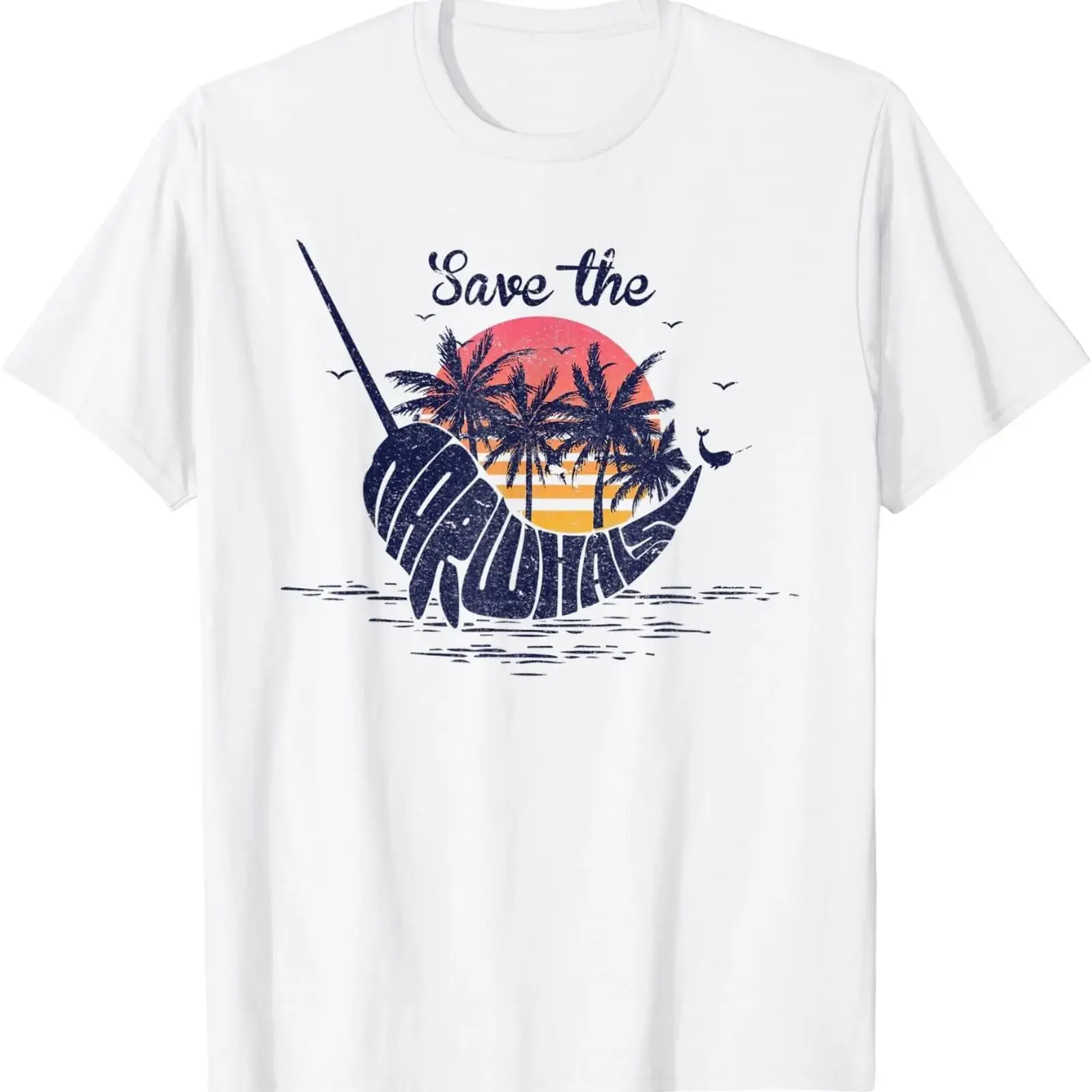 Save The Narwhals T Shirt Retro Style Narwhal vintage Washed Comfortable Casual streetwear Versatile Breathable Slightly