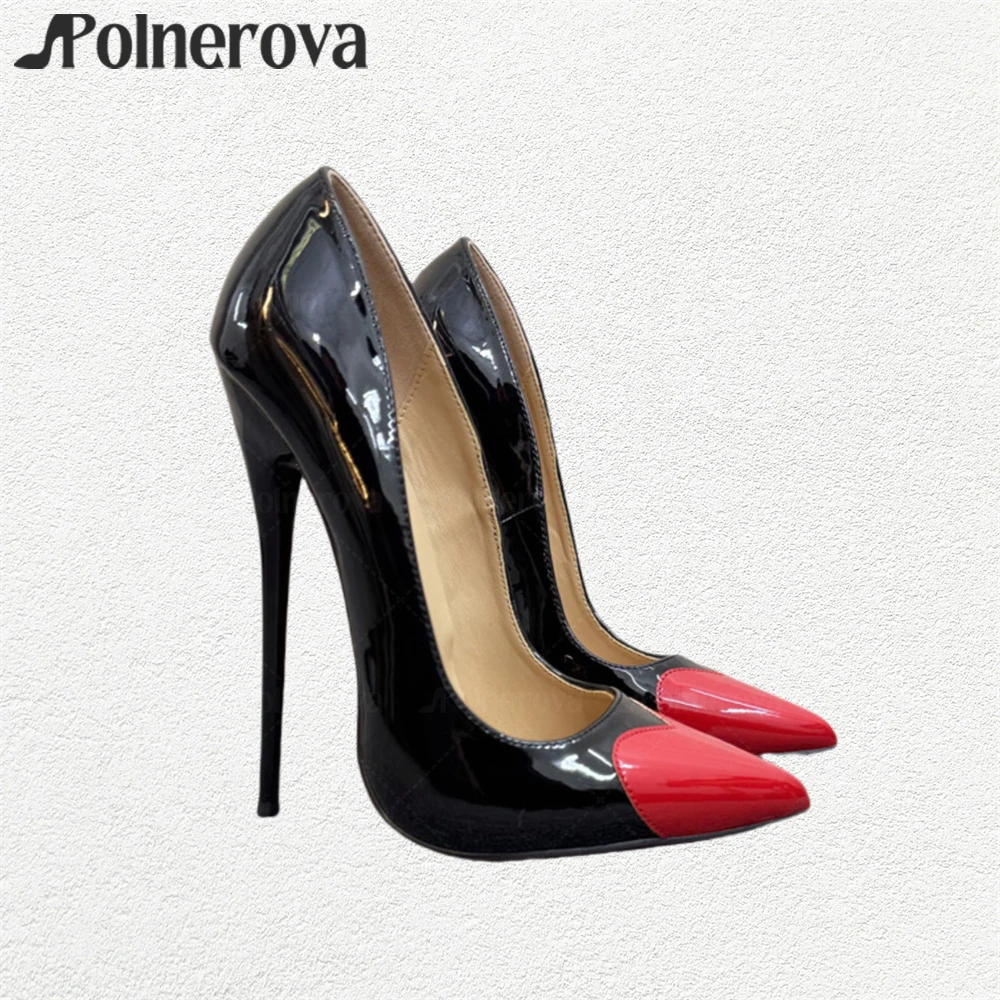 

16cm Heart Lacquered Stiletto Pumps Sexy Style Extremely High Heels Black and White Patent Leather Pointed Toe Pumps for Women