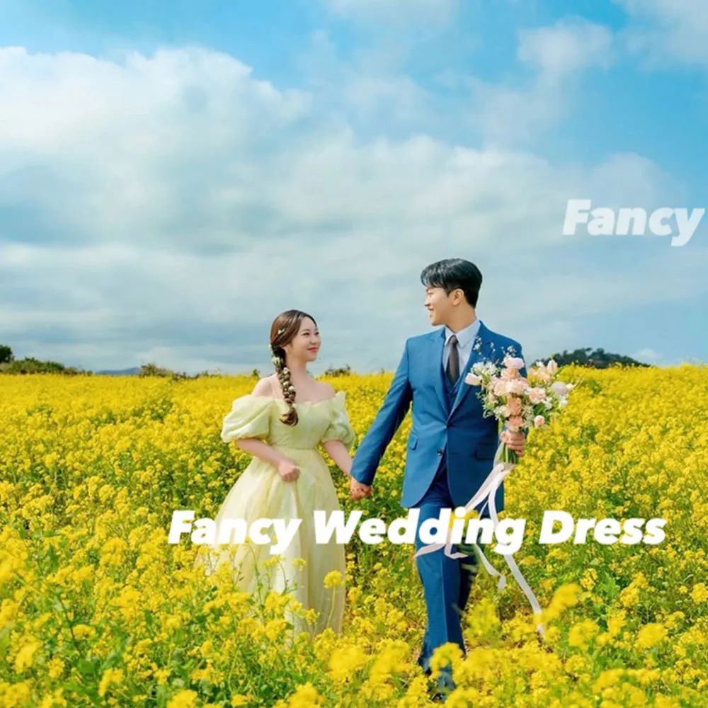 Fancy Korea Princess Yellow Off Shoulder Wedding Dress Photo Shoot A Line Soft Tulle Bridal Gown Back Corset Customized