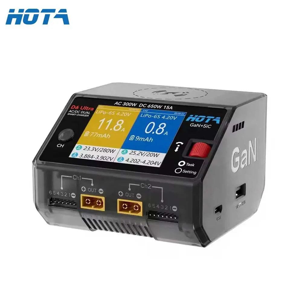 HOTA D6 Ultra AC 300W GaN+SiC DC 650W Dual Channel Charger FPV Charging For 1-6S Lipo LiHV/NiZn/Nicd/NiMH Battery Drones XT60 - image 1 of 5