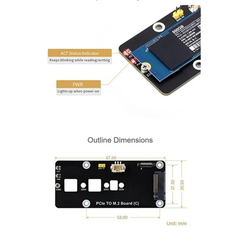 For Rpi 5 PCIE To M.2 Adapter Board For Raspberry Pi 5 PCIE To M.2 Nvme 2230/2242/2280/2260 SSD Expansion Board Durable