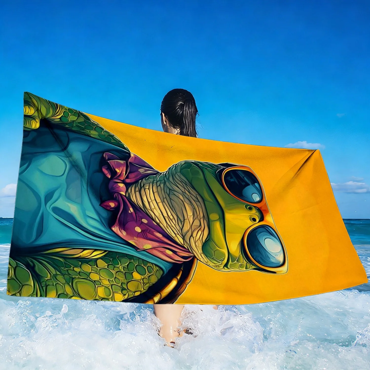 Vintage Cool Turtle Beach Towel, Stylish Turtle in Sunglasses & Bandana Pattern Bath Towel, Perfect for Summer Beach Vacations