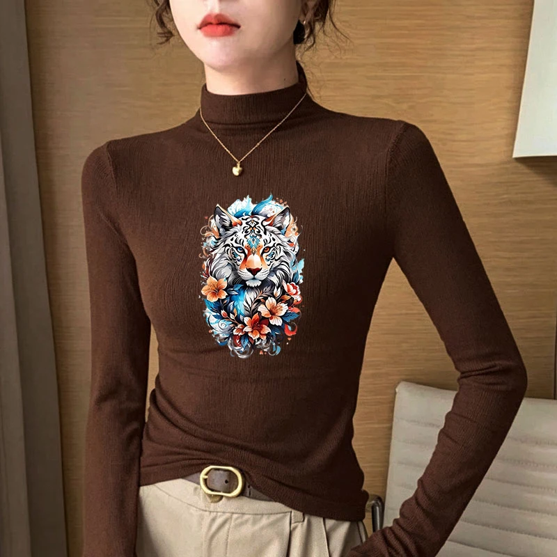 Winter Women's Thermal Brushed Fleece Half Mock Neck Long Sleeve T Shirt White Tiger Head Flowers Graphic Warm Tee