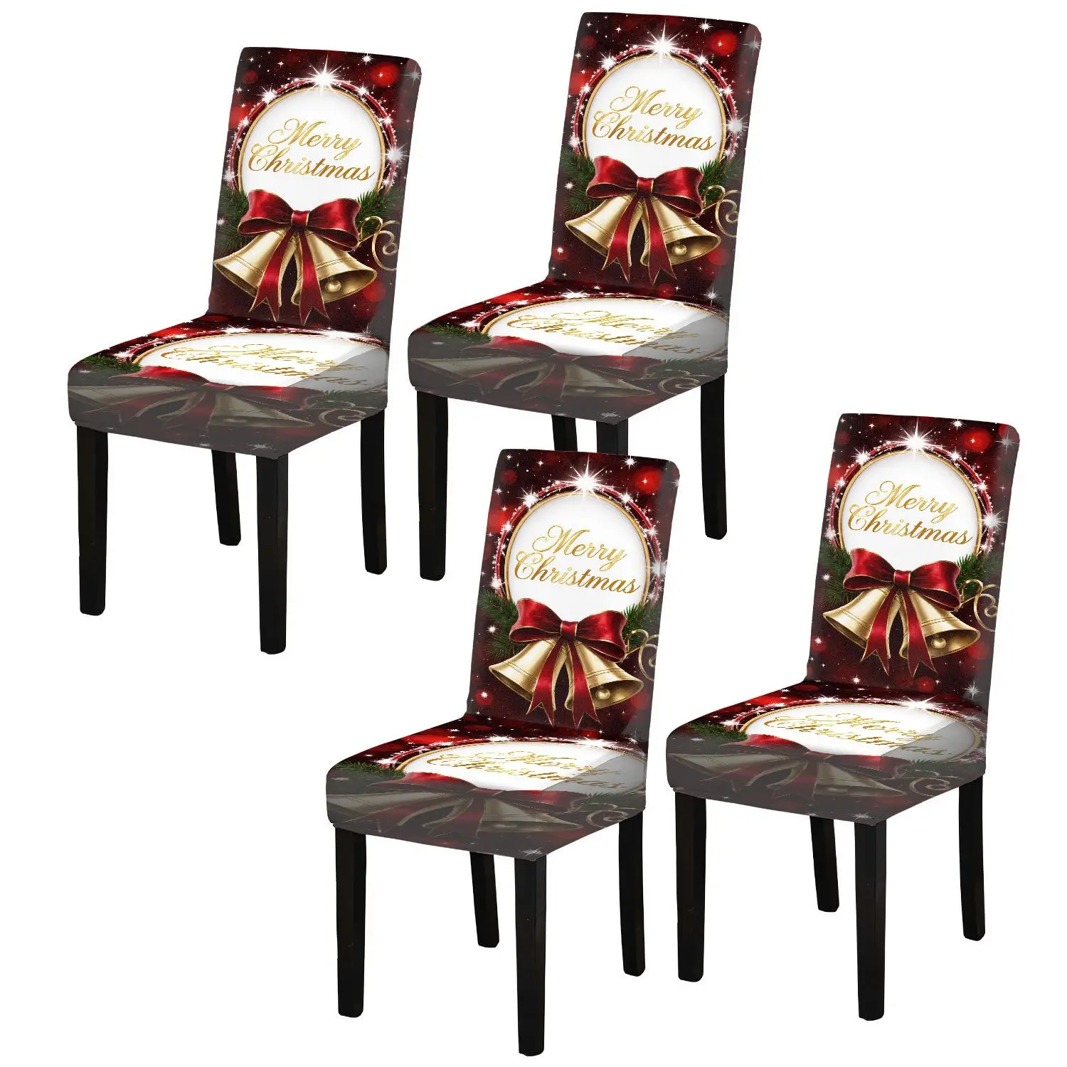 LANMOLIFE Christmas Dining Chair Covers Christmas Gold Bell Pattern Removable Spandex Dining Chair Covers For Hotel Parties