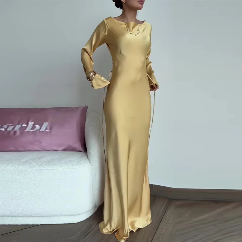 Women Back Lace-up Slim Fit Dresses Fashion Solid Color Floor-length Dress Female Commuter Party Gown Flared Long Sleeves Frock - AliExpress 200000345 Women Back Lace-up Slim Fit Dresses Fashion Solid Color Floor-length Dress Female Commuter Party Gown Flared Long Sleeves Frock - AliExpress 200000345