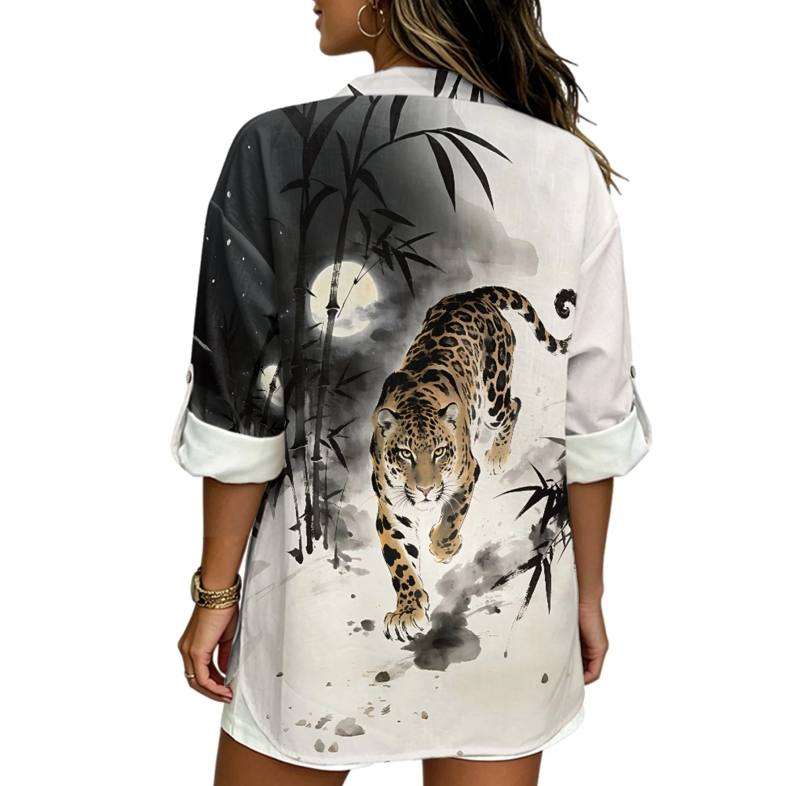 PENSTROLL Wash Leopard Print Linen Like Long Sleeve Womens Tops Stylish Casual Loose Fit Blouses for Women's Sizes S-5XL