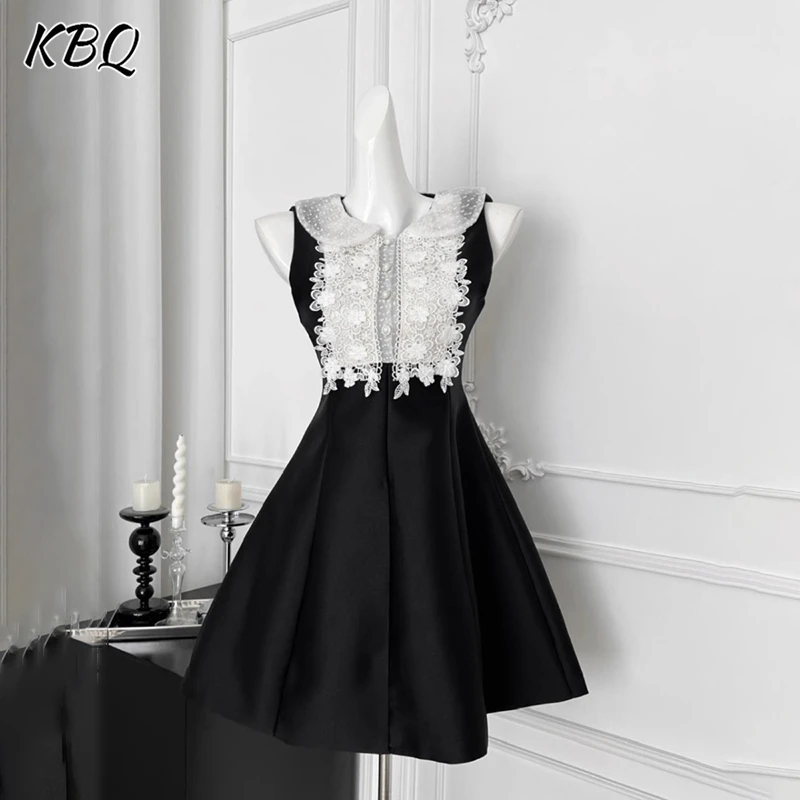 

KBQ Elegant Spliced Lace A Line Dresses For Women Lapel Sleeveless High Waist Temperament Slimming Dress Female Fashion Style