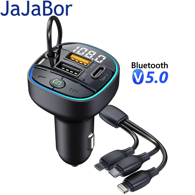 

JaJaBor Car FM Transmitter 3 In 1 Charging Cable for Iphone Charger USB Type C 3.1A Fast Charging Handsfree Bluetooth Car Kit