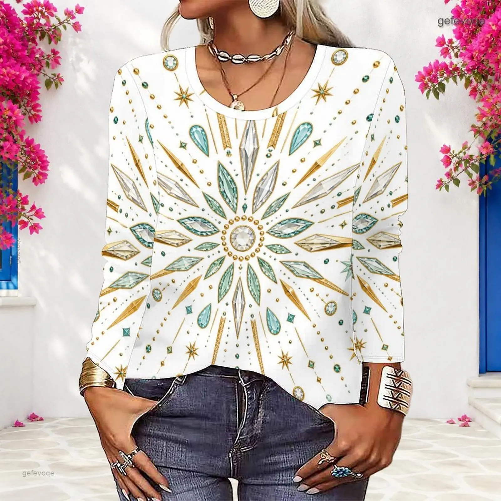 Women Round Neck Long Sleeve Black Printed Magnolia Floral Ornate Pattern Pullover Sweatshirt