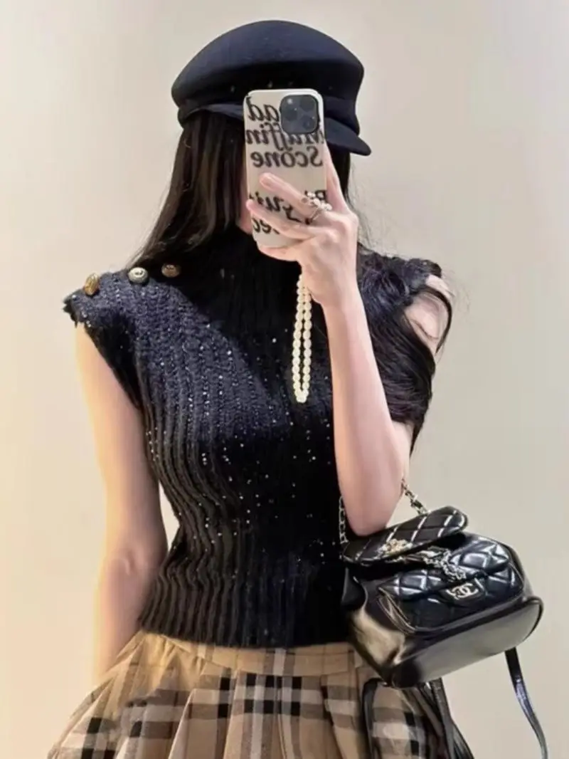 

Korejpaa Korean Style Pull Femme Casual Fashion Solid Color High Neck Sleeveless Sweater Women Autumn New Slim Fit Outerwear Top