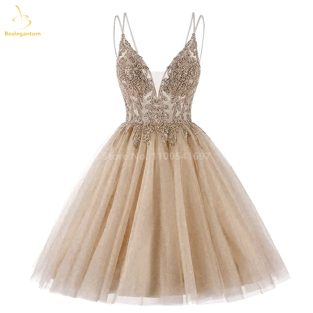 Bealegantom Spaghetti Strap V Neck Short Homecoming Dresses A-Line Backless Beaded Mini Prom Cocktail Graudation Party Gowns