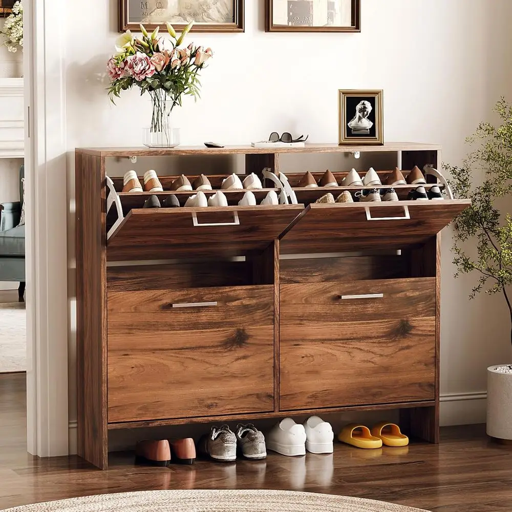 

Тумба для обуви из орехового дерева для прихожей, узкая деревенская тумба для хранения обуви с 4 выдвижными ящиками, деревянный органайзер для обуви в стиле середины века, узкая модель
