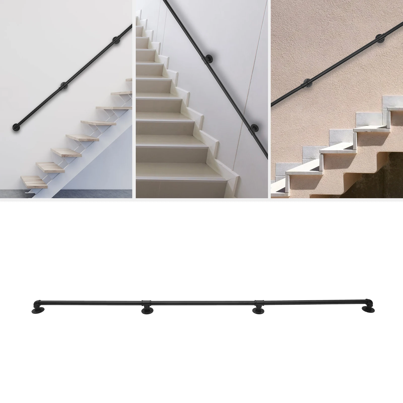 3-12FT Stair Handrail Wall Mount Metal Stair Railing Indoor And Outdoor Non-Slip Industrial Pipe Railing,Black,Round Corner