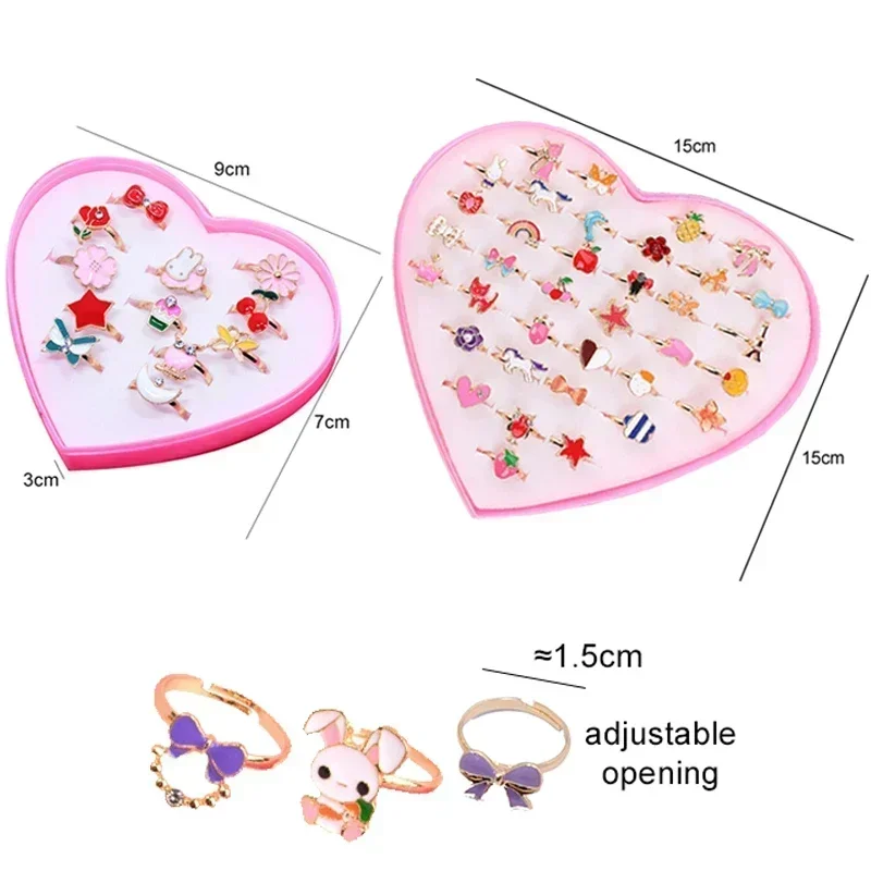 Children Princess Rings with Box Metal Adjustable Cartoon Fashion Makeup Pretend Games Girls Birthday Gifts Kids Rewards TMZ