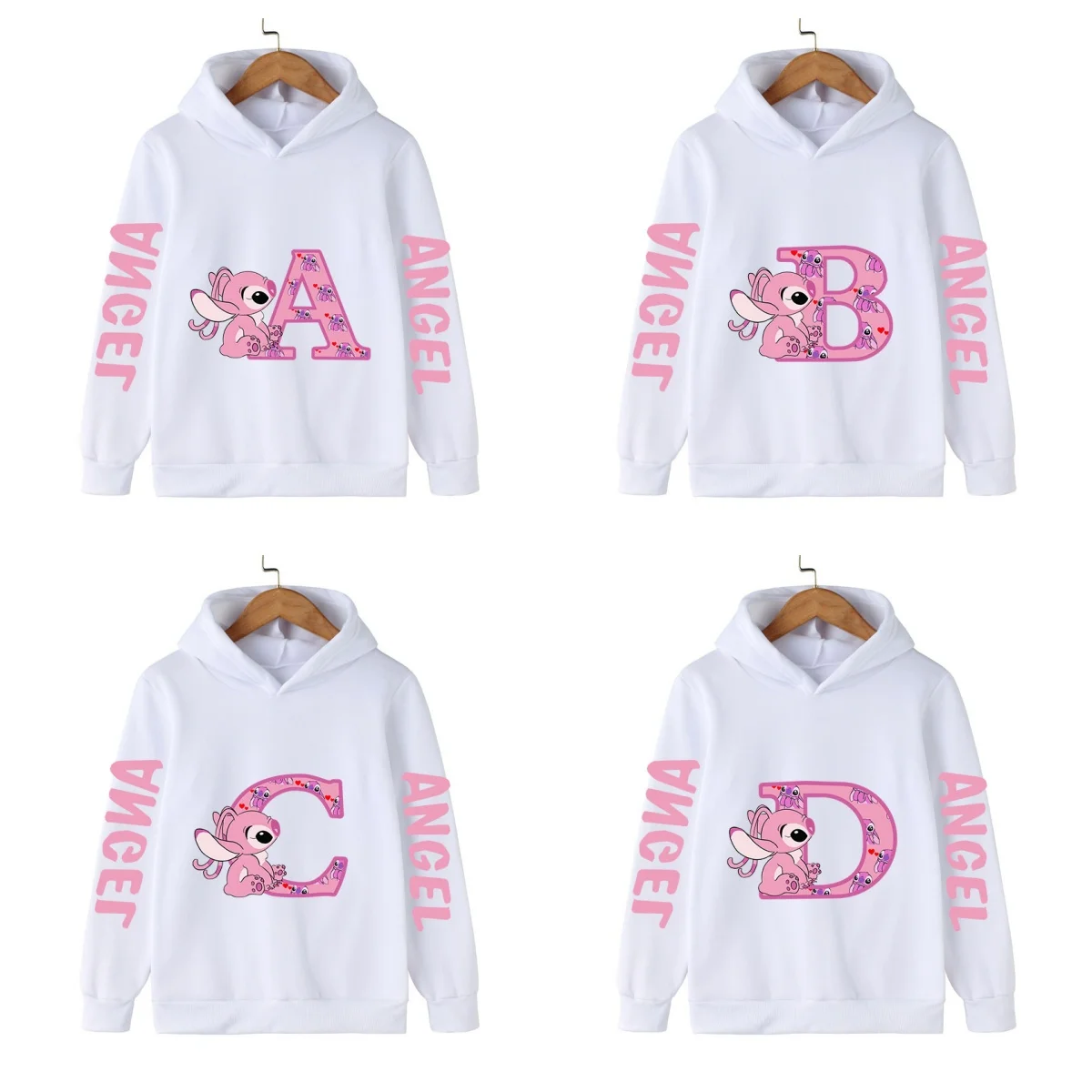 

Stitch Angel Letter A-Z Hoodies Girls Disney Anime Sweatshirt Kids Winter Thickening Warm Pullover Tops Children Clothes Gift