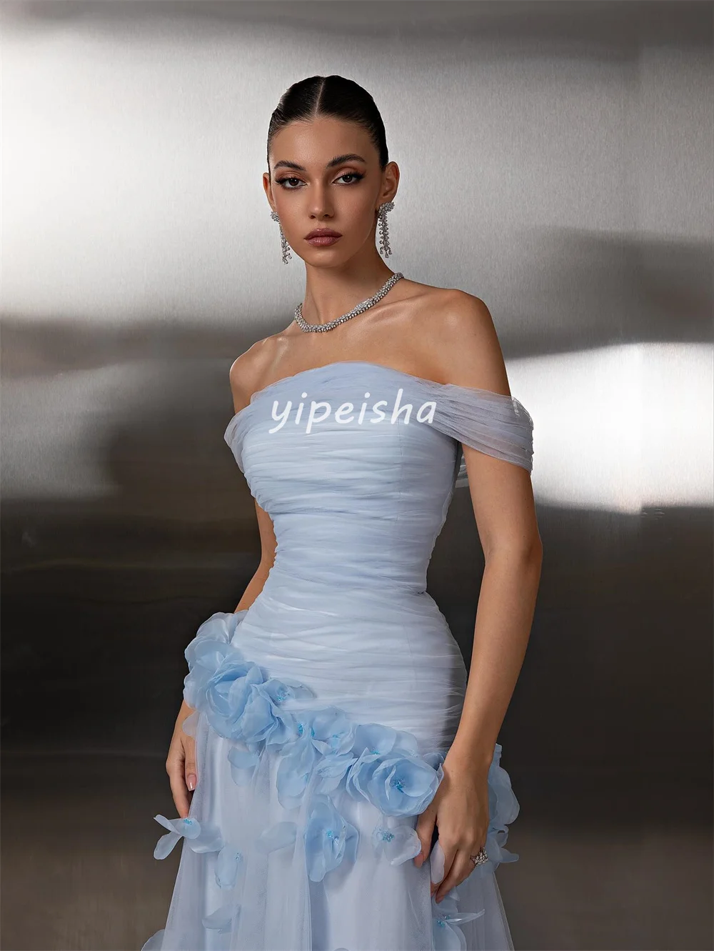 Personalizado moda formal tule artesanal flor plissado a linha fora do ombro vestidos longos sob medida vestidos de ocasião elegante