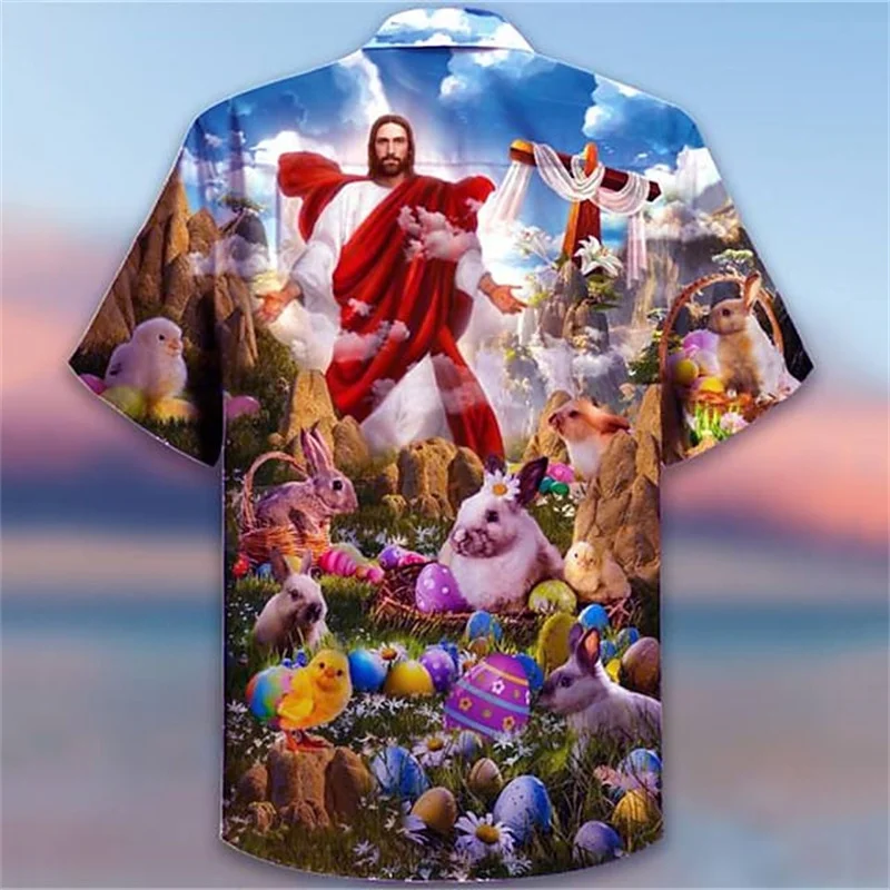 Jesus Christ Animal Shirts For Men Hawaiian 3d Printed Pattern Christians Mary Crucified Breathable Beach Casual Short Sleeved