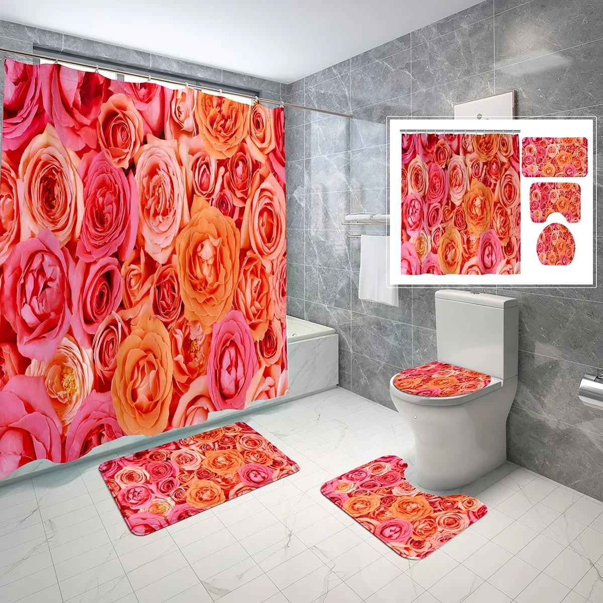 4 Piece Rose Shower Curtain Sets Vector Floral Pattern with Non-Slip Rugs Toilet Lid Cover and Waterproof Shower Curtain Set